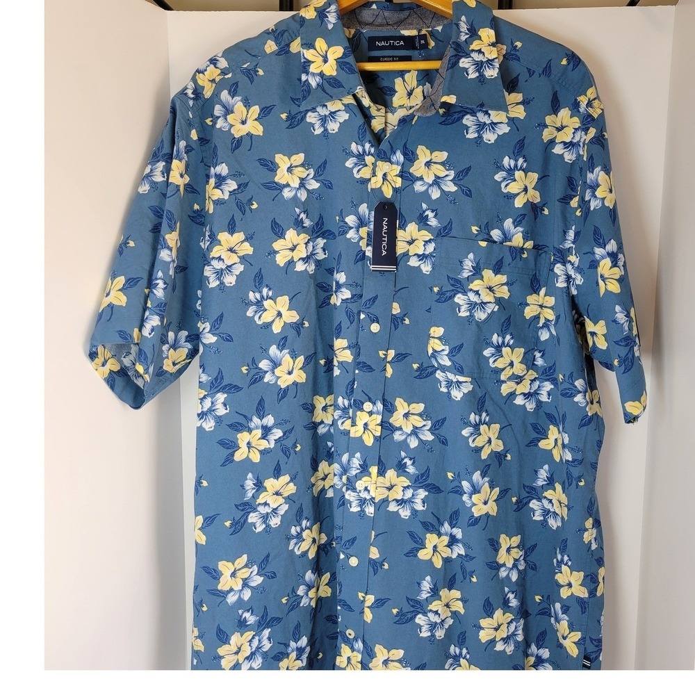 Nautica Mens 2XL Short Sleeve Floral Button Down Shirt Blue Yellow MY5120 NWT